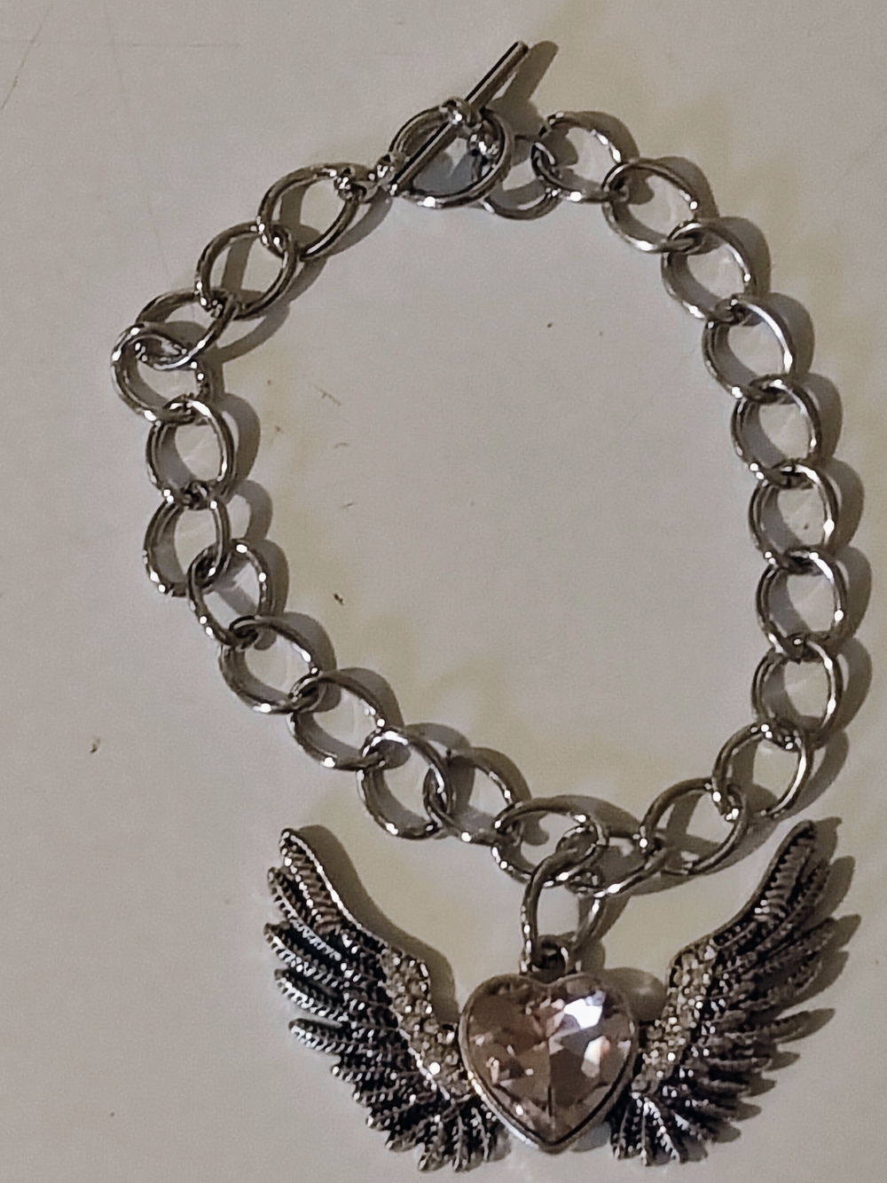 Silver Winged Pink Heart Charm 8" Bracelet - Women Jewelry - Handmade - Picture 1 of 6